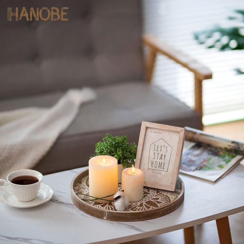 Hanobe Round Decorative Tray for Centerpiece: Boho Coffee Table Trays for Home Decor - Farmhouse Wood Serving Platter Rustic Circle Bohemian for Kitchen Counter Women - Image 4